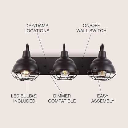 JONATHAN Y 24.5" Oil Rubbed Bronze 3-Light Industrial Farmhouse Vanity Light for Bathroom Mirror, Rustic Metal Wall Sconce Fixture, Iron Caged Shade, LED Bulbs Included JYL1120A