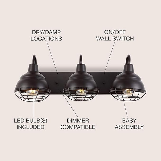 JONATHAN Y 24.5" Oil Rubbed Bronze 3-Light Industrial Farmhouse Vanity Light for Bathroom Mirror, Rustic Metal Wall Sconce Fixture, Iron Caged Shade, LED Bulbs Included JYL1120A