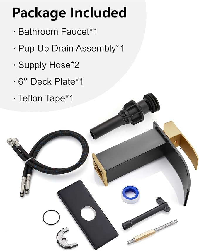 Midanya Bathroom Faucet with Waterfall Spout, Single Hole or 3-Hole Deck Mount, 304 Stainless Steel Sink Faucet with Pop-Up Drain, RV Vanity Compatible,Brushed Gold Handle/Matte Black