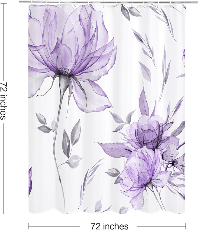 Litabel Purple and Grey Boho Watercolor Floral Shower Curtain, Ink Painting Style Blossom & Leaf Shower Curtains for Chic Elegant Bathroom, Artistic Fabric Cloth Flower Shower Curtain, 72x72