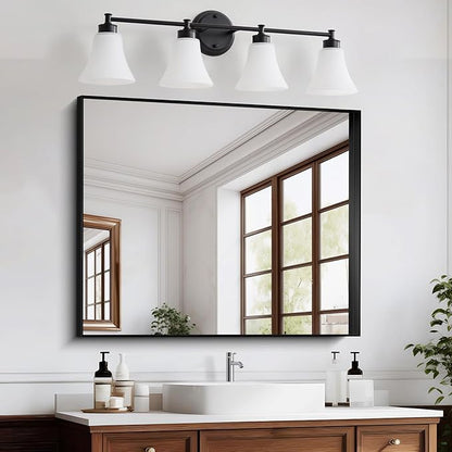 LOUSACE 4 Light Bathroom Vanity Light Matte Black Bathroom Lighting Fixtures Over Mirror with Opal White Frosted Glass Shade, Vintage Traditional Wall Lighting Fixture Vanity Lights for Bedroom