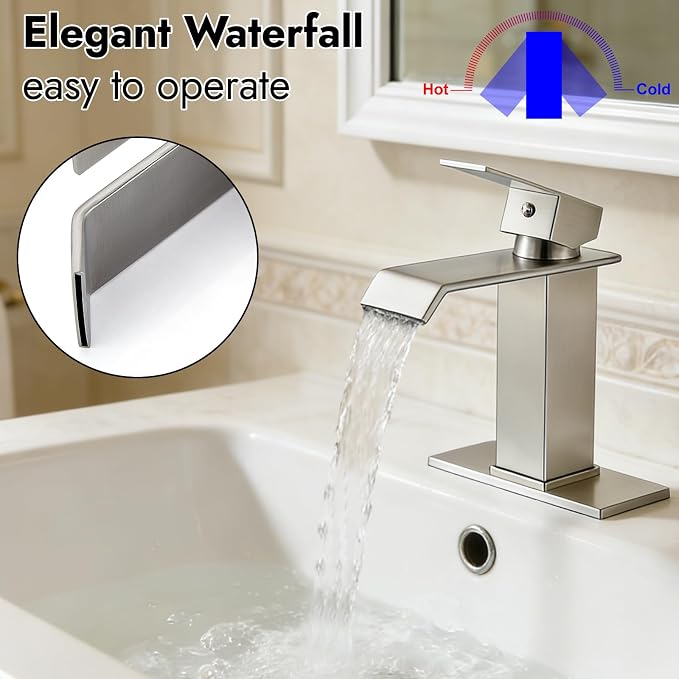 Midanya Waterfall Bathroom Sink Faucet 1 Hole,Brushed Nickel | with cUPC Hoses,Pop Up Drain,Deck Plate,for 1 or 3 hole sink,Vanity,RV,Lavatory,Basin,Farmhouse,Stainless Steel,Single Handle