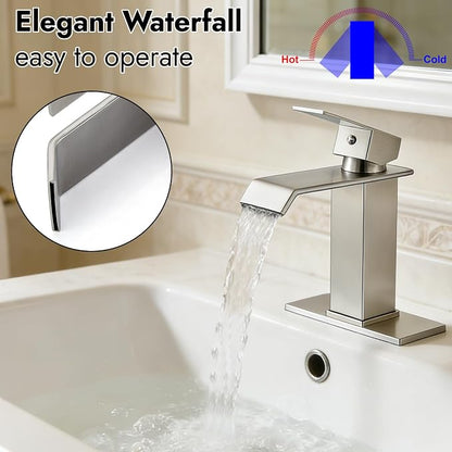 Midanya Waterfall Bathroom Sink Faucet 1 Hole,Brushed Nickel | with cUPC Hoses,Pop Up Drain,Deck Plate,for 1 or 3 hole sink,Vanity,RV,Lavatory,Basin,Farmhouse,Stainless Steel,Single Handle