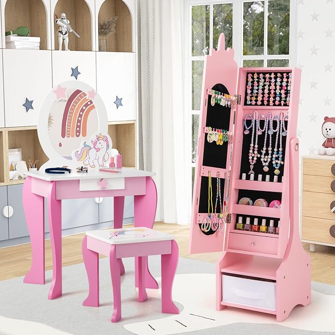 CHARMAID Kids Mirror Jewelry Cabinet - 45.5'' Full Length Mirror with Jewelry Storage, Standing Jewelry Armoire with Drawers, Kids Jewelry Organizer Box Vanity Dressing Mirror for Girls (Pink)