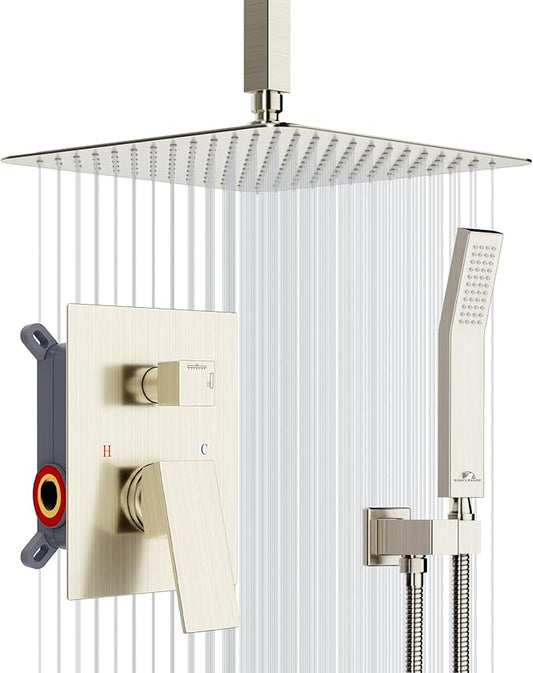SunCleanse Rainfall Shower System Brushed Nickel Ceiling Mounted Shower System Combo Set with High Pressure 12 Inches Square Rain Shower Head Handheld and Shower Faucet Rough-in Mixer Valve and Trim