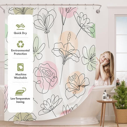 AmazerBath Floral Shower Curtain, 72"x72" Washable Cloth Spring Black Ink Blooms Shower Curtain with 12 Metal Hooks, Farmhouse Fabric Rustic Colorful Flower Shower Curtain Set for Bathroom Decor