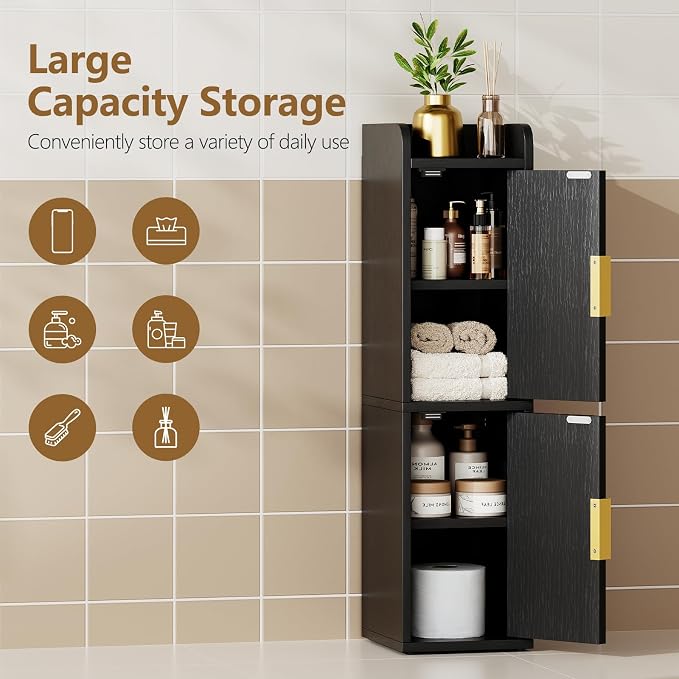 Yoobure Small Bathroom Storage Cabinet - Corner Floor Cabinet with 2 Doors & Adjustable Shelves, Narrow Slim Toilet Paper Cabinets, Skinny Bathroom Organizer for Small Space, 7.9" D x 7.9" W, Black
