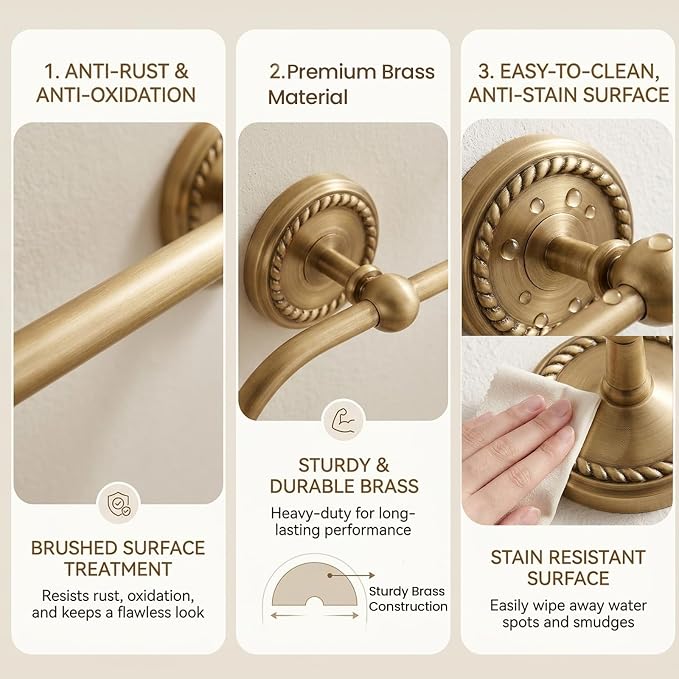 Antique Brass Bathroom Hardware Set 4 Pcs Gold Bathroom Accessories, Vintage Bath Towel Bar Toilet Paper Holder Towel Ring & Double Robe Hook Kit for Shower Room Wall Mounted