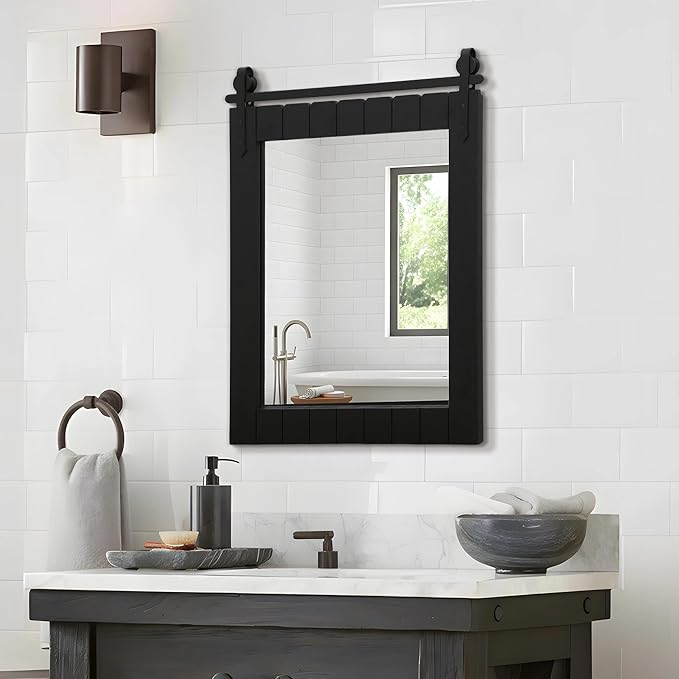 Besdomus Bathroom Black Farmhouse Mirror: 22"x30" Barn Door Solid Cedar Wood Frame Vanity Mirror - Wall Mounted Mirror Entryway/Bathroom/Living Room - Rustic Wall Decor for Housewife