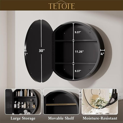 TETOTE Bathroom Mirror Cabinet 30 x 30 Black Round Bathroom Medicine Cabinet with Mirror Adjustable Shelves Farmhouse Wall Mirror with Storage Surface Mounted