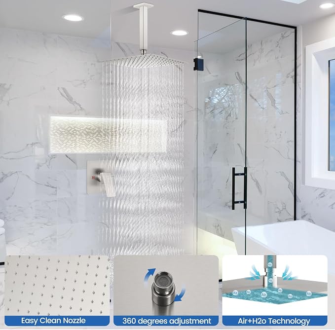 Airuida 12 Inch Brushed Nickel Shower Faucet Set,Rainfall Shower System | Ceiling Shower Head,Male Thread Rough-in Valve,Ceiling Mount,Single Handle