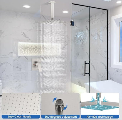 Airuida 12 Inch Brushed Nickel Shower Faucet Set,Rainfall Shower System | Ceiling Shower Head,Male Thread Rough-in Valve,Ceiling Mount,Single Handle