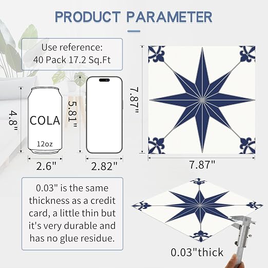 MORCART 40PCS 7.87" x 7.87" Peel and Stick Floor Tile, Blue Star | Self-Adhesive DIY Vinyl Flooring, Removable and Waterproof Tile Sticker for Bathroom, Kitchen, Wall, Bedroom, Stairs