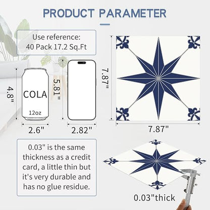 MORCART 40PCS 7.87" x 7.87" Peel and Stick Floor Tile, Blue Star | Self-Adhesive DIY Vinyl Flooring, Removable and Waterproof Tile Sticker for Bathroom, Kitchen, Wall, Bedroom, Stairs