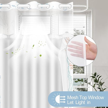 No Hook Shower Curtain and Liner Set, Orange Beach Coastal 71x84 | Nautical Ocean for Bathroom, with Snap in Liner Replacement, Mesh Top Window, Waterproof, Machine Washable, Quick-Drying