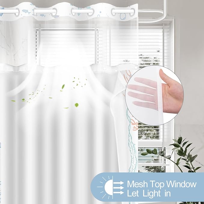 No Hook Shower Curtain and Liner Set, Orange Beach Coastal 71x74 | Nautical Ocean for Bathroom, with Snap in Liner Replacement, Mesh Top Window, Waterproof, Machine Washable, Quick-Drying