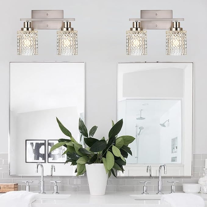 MELUCEE 2-Light Wall Sconce Lighting with Hammered Glass Shade | Brushed Nickel Bathroom Lights Over Mirror, Modern Vanity Lighting Fixtures for Porch Entryway Stair