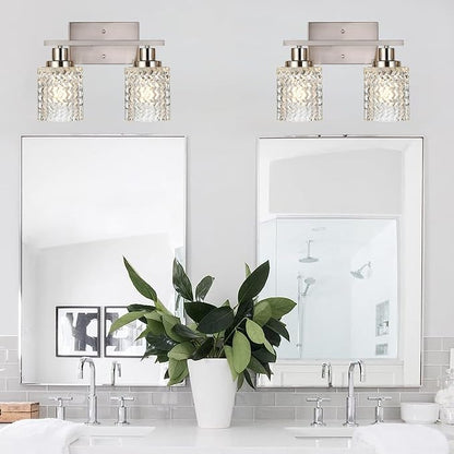 MELUCEE 2-Light Wall Sconce Lighting with Hammered Glass Shade | Brushed Nickel Bathroom Lights Over Mirror, Modern Vanity Lighting Fixtures for Porch Entryway Stair