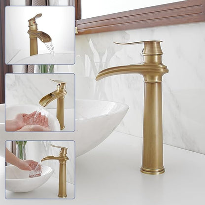BWE Antique Brass Bathroom Vessel Sink Faucet Waterfall Spout Single Handle One Hole Solid Commercial Brass Lavatory Vanity Sink Faucet with Pop Up Drain