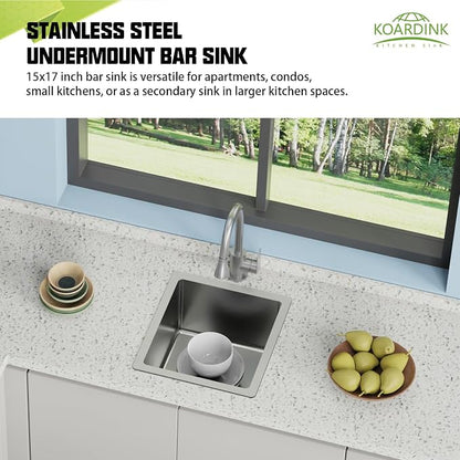 15x17 In Undermount Kitchen And Bar Sink- Stainless Steel Single Bowl Kitchen Sink Modern Drop In Bar Sink With Silicon Mat,Drain Strainer Set Compatibility With Various Kitchen & Bar Style