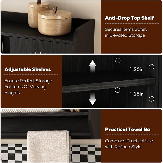 RUSTOWN Fluted Bathroom Wall Cabinet, Mid-Century Modern Medicine Cabinet with Adjustable Shelves & Towel Bar,3-Tier Wall Mounted Cabinets, Over The Toilet Storage Cabinets for Bathroom, Rustic Black