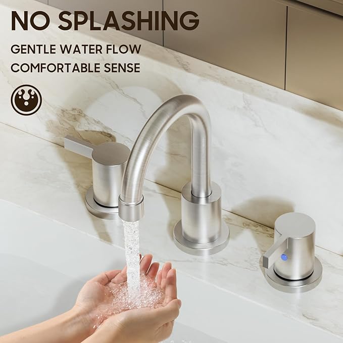 Widespread 8 Inch Lead-Free Brushed Nickel Stain-Resistant Bathroom Faucet(Stainless Steel), 2 Handle 3 Hole Swivel Spout RV Bathroom Vanity Sink Faucet with Metal Drain & Supply line, BF03042-K01-GBN