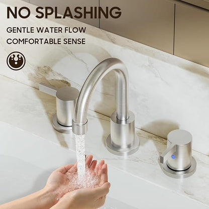 Widespread 8 Inch Lead-Free Brushed Nickel Stain-Resistant Bathroom Faucet(Stainless Steel), 2 Handle 3 Hole Swivel Spout RV Bathroom Vanity Sink Faucet with Metal Drain & Supply line, BF03042-K01-GBN