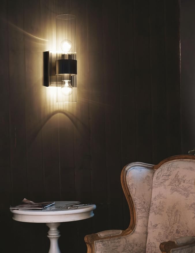 Modern Bathroom Sconces Wall Lighting with Clear Ribbed Glass, Brushed Nickel 2-Light Bathroom Vanity Light Fixtures for Mirror Living Room Hallway Bedroom