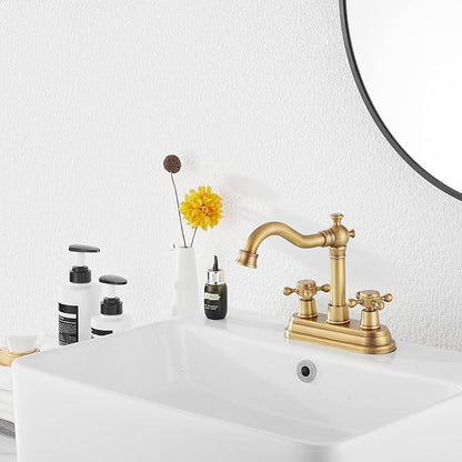 Bathroom Faucet Antique Brass GGStudy 2 Handles 4 Inches Centerset Bathroom Vanity with Drain Assembly and Supply Hose Lavatory Faucet Mixer Double Handle Tap