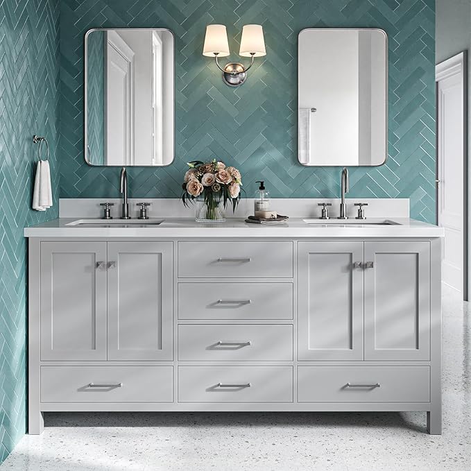 DKB Beckford 72 Inch Bathroom Vanity Double Sink — Grey Bathroom Vanity with Sink, 1.5" Edge Pure White Quartz Countertop & Backsplash, 4 Soft-Close Doors, 6 Dovetail Drawers