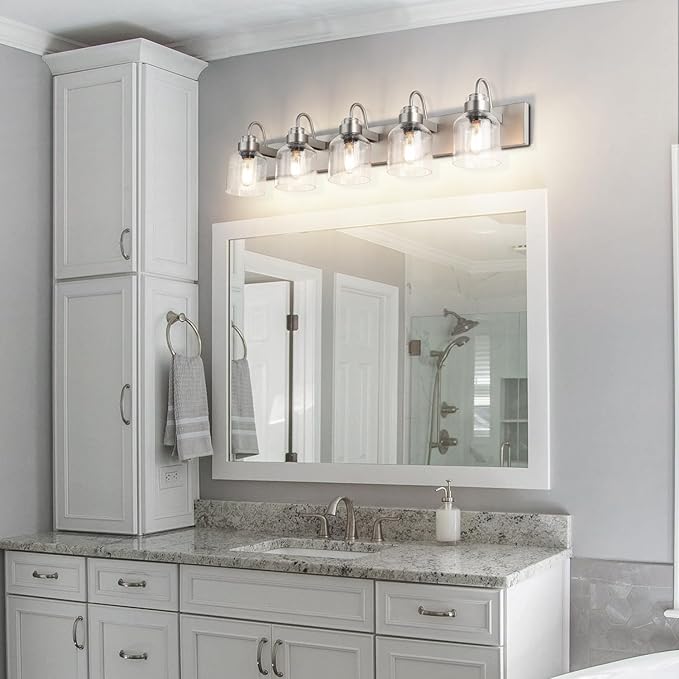 PRESDE 5 Light Bathroom Vanity Light Fixture Over Mirror Vintage Brushed Nickel Vanity Light for Bathroom with Bubble Glass Shades