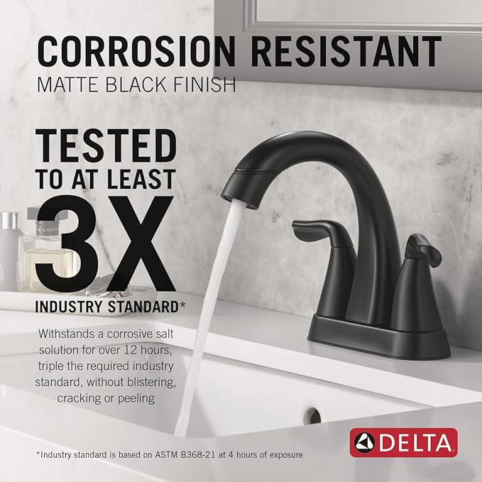 Delta Arvo Centerset Matte Black Bathroom Faucet with Sprayer, 4 Inch 3 Hole Bathroom Sink Faucet with Pull Out Sprayer, Push-Pop Drain, Matte Black 25840LF-BLPD