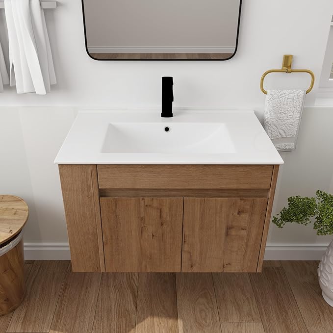 Henf 30inch Brown Modern Wall Mounting Bathroom Vanity With Sink, 2 Soft Close Doors & Open Storage Shelf, Wood Bathroom Sink Vanity with Sink Combo Set