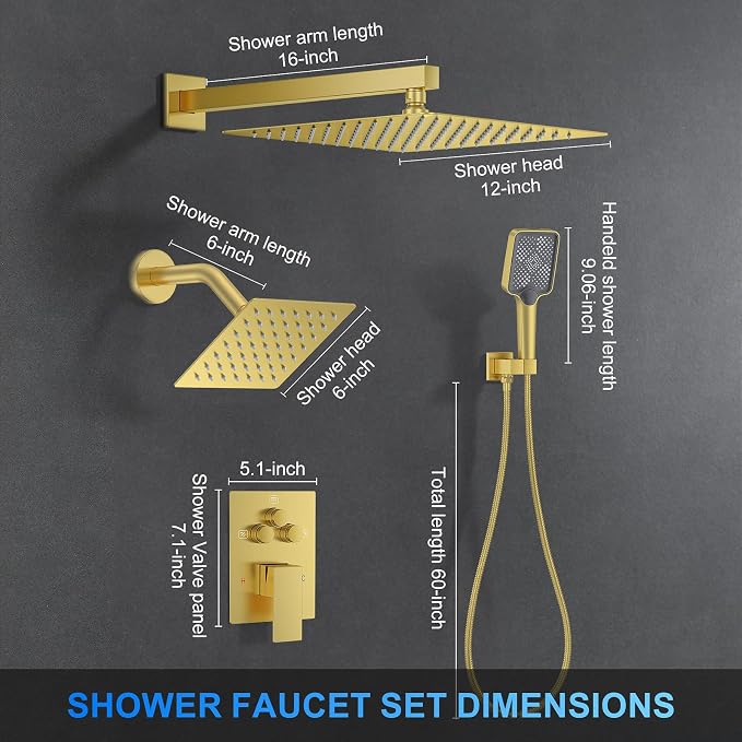 Woindo Shower Faucet Set, 12" Wall Mount Rainfall Shower System with 2 Rain Shower Head and Multi-function Handheld Head Push Button Diverter Shower Faucet Trim Kit