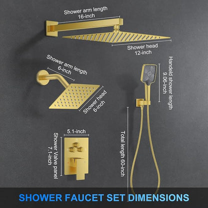 Woindo Shower Faucet Set, 12" Wall Mount Rainfall Shower System with 2 Rain Shower Head and Multi-function Handheld Head Push Button Diverter Shower Faucet Trim Kit