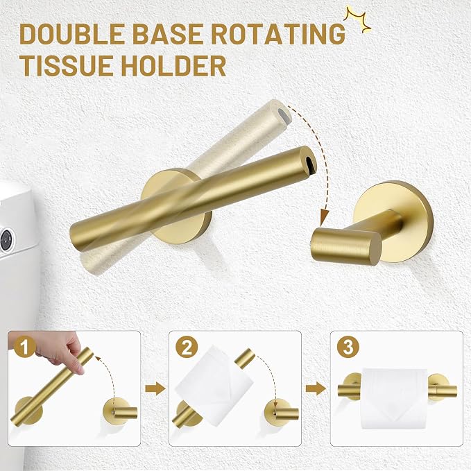TURS Brushed Gold 4-Pieces Towel Ring Set Include Towel Ring Double Base Toilet Paper Holder Towel Hook SUS304 Stainless Steel Bathroom Accessories Kit Wall Mounted