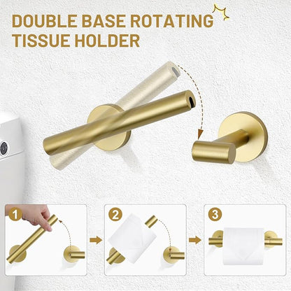 TURS Brushed Gold 4-Pieces Towel Ring Set Include Towel Ring Double Base Toilet Paper Holder Towel Hook SUS304 Stainless Steel Bathroom Accessories Kit Wall Mounted
