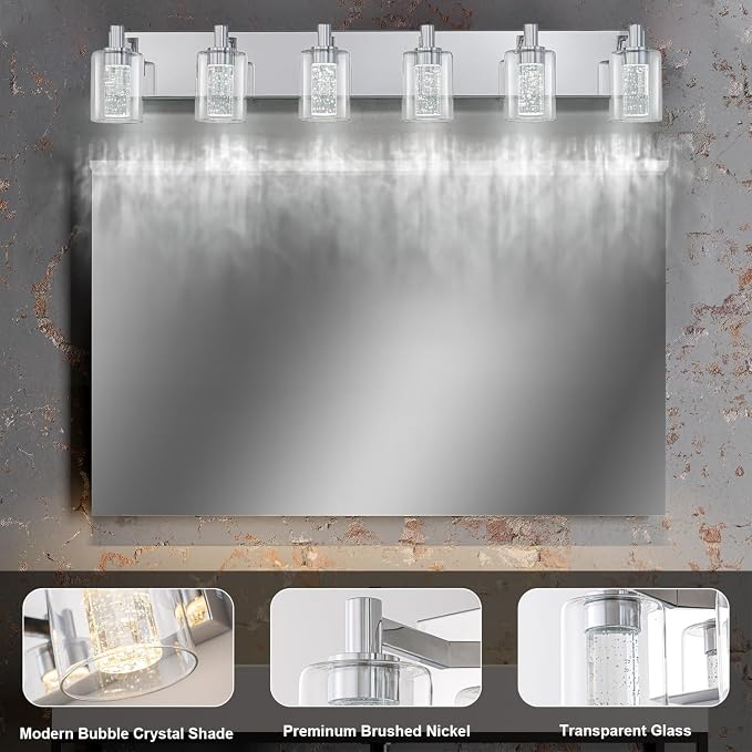 SineRise Vanity Light with 3 Color Modes (3000K/4000K/6000K), Eye Protection LED Bathroom Light Fixture, Dimmable Modern Wall Light Over Mirror with Clear Glass Shade (Chrome, 6-Light)