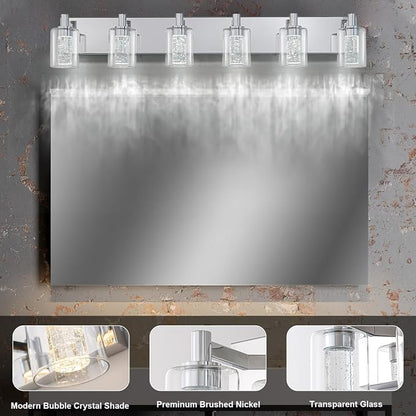 SineRise Vanity Light with 3 Color Modes (3000K/4000K/6000K), Eye Protection LED Bathroom Light Fixture, Dimmable Modern Wall Light Over Mirror with Clear Glass Shade (Chrome, 6-Light)