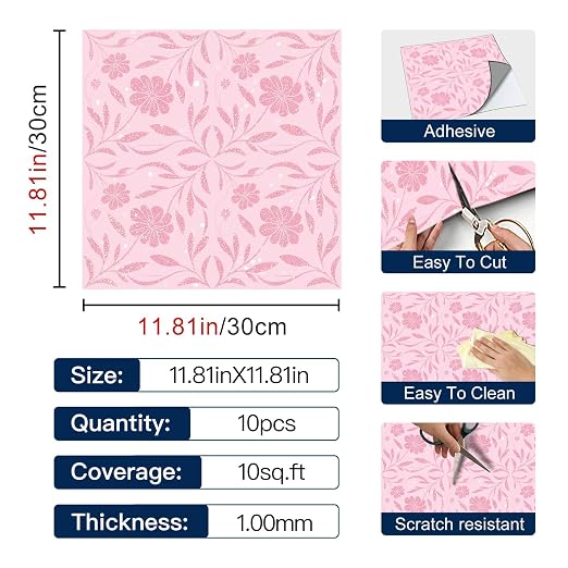 Pink Sparkle Floral Peel and Stick Floor Tiles 12x12 Inch 10PCS | Pink floral pattern with a printed sparkle look vinyl floor stickers for kitchen bathroom entryway and indoor home decor