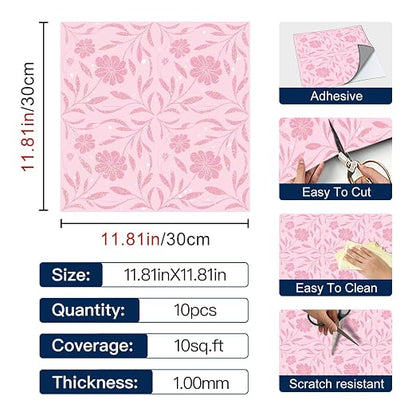Pink Sparkle Floral Peel and Stick Floor Tiles 12x12 Inch 10PCS | Pink floral pattern with a printed sparkle look vinyl floor stickers for kitchen bathroom entryway and indoor home decor