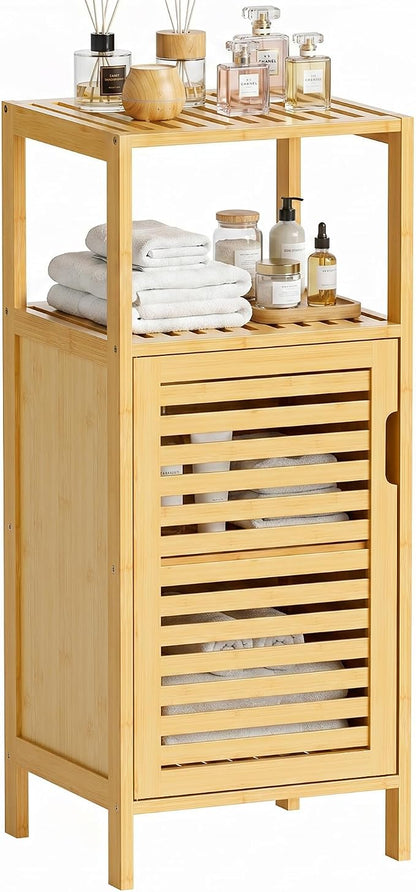HITNET Bathroom Cabinet Freestanding, Small Bamboo Floor Cabinet, 4 Tier Single Door Sofa Side Table Storage Organizer, Space Saving Kitchen Cupboard, Natural