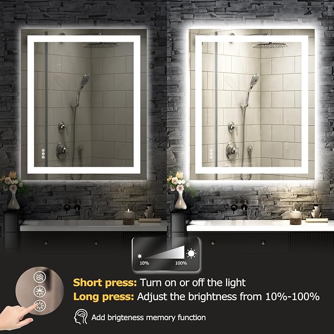 Hivone 30"X36" LED Bathroom Mirror with Lights, Anti-Fog, Dimmable, Backlit + Front Lit, Smart Bathroom Vanity Mirror, Memory Function, Shatterproof, Tempered Glass (Horizontal/Vertical)