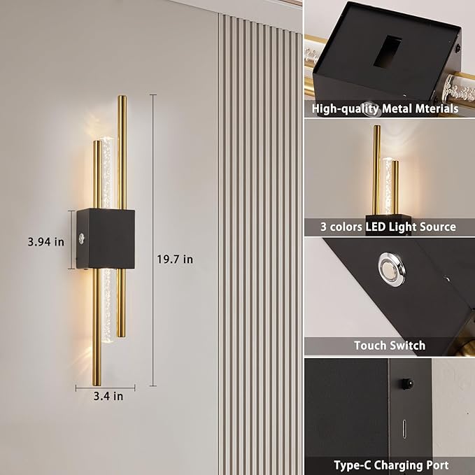Battery Operated Wall Sconces Set of Two, Rechargeble Modern Crystal Bathroom Wall Sconces, 3000K-6000K Dimmable Gold LED Wireless Wall Lights for Vanity Bedroom Living Room Hallway（black gold）