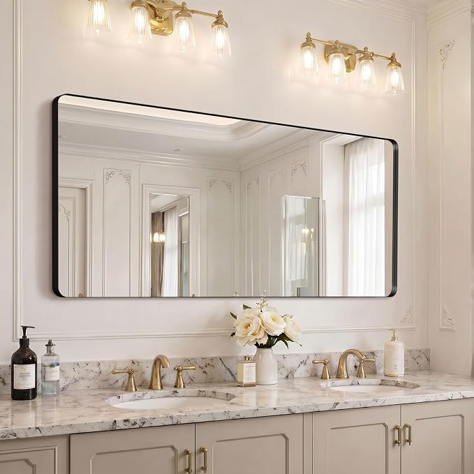 60x28 inch Black Bathroom Mirror Metal Framed Rounded Rectangle | Oversized Wall Mounted Mirror, Anti-Rust, HD Reflection, Tempered Glass, Hangs Horizontally or Vertically