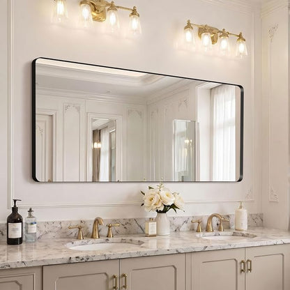 60x28 inch Black Bathroom Mirror Metal Framed Rounded Rectangle | Oversized Wall Mounted Mirror, Anti-Rust, HD Reflection, Tempered Glass, Hangs Horizontally or Vertically