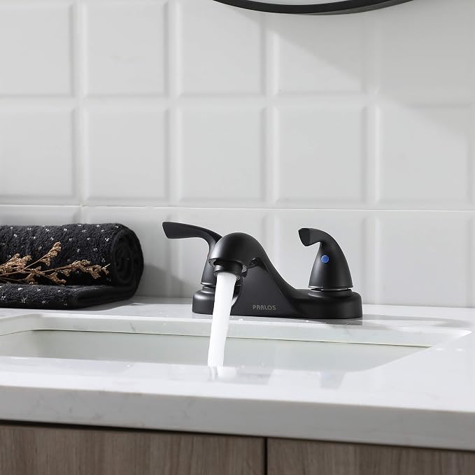 Matte Black Bathroom Faucet 4 Inch Centerset for Lavatory Sink | Mid Arc, 2 Handle Lead-Free RV Bathroom Faucet with Metal Pop Up Drain Supply Lines, for 2 or 3 Hole Lavatory Utility Sink