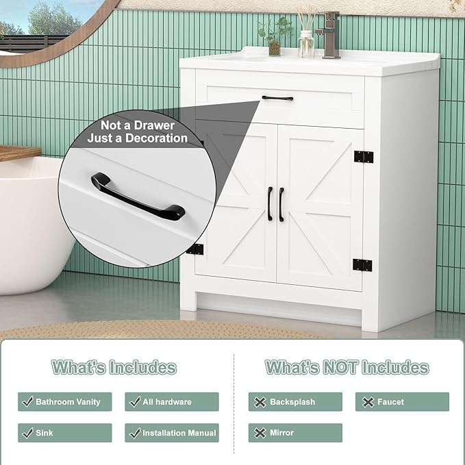 24 Inch Bathroom Vanity with Sink, Small Bathroom Sink Cabinet with 2 Barn Doors, White Single Sink Bath vanities Combo (19" D x 24" W x 36" H)