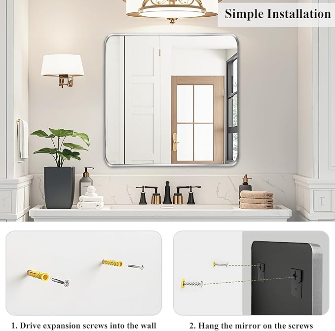 Fabuday Silver Wall Mirror for Bathroom - 24x24 Inch Square Bathroom Mirrors for Over Sink, Small Framed Mirror with Chrome Matte Frame for Restroom, Hallway, Entryway, Living Room, Bedroom Decor