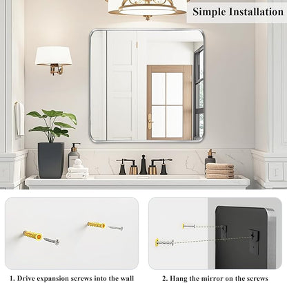 Fabuday Silver Wall Mirror for Bathroom - 24x24 Inch Square Bathroom Mirrors for Over Sink, Small Framed Mirror with Chrome Matte Frame for Restroom, Hallway, Entryway, Living Room, Bedroom Decor